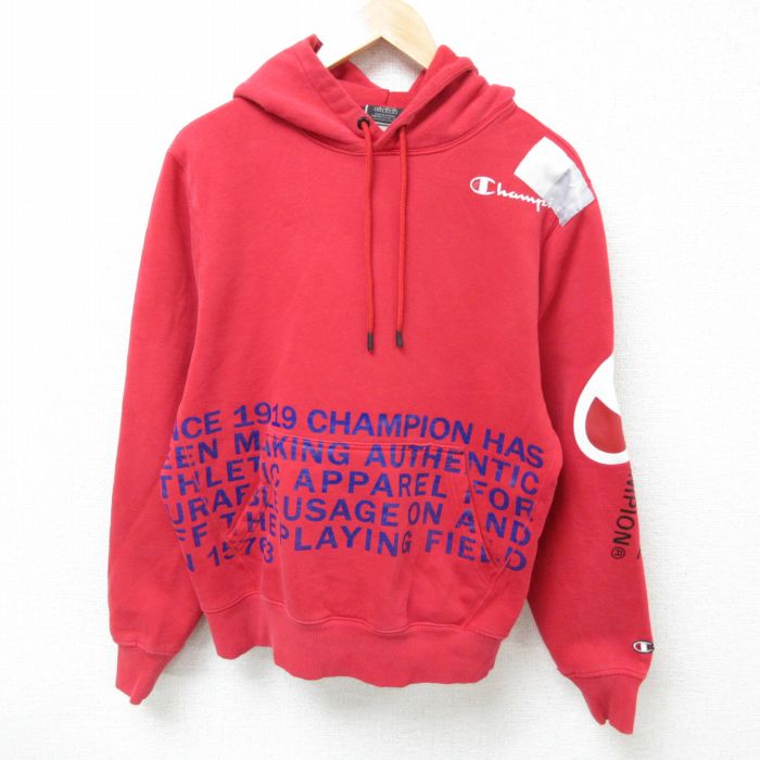 L★古着 チャンピオン Champion 長袖 スウェット パーカー メンズ ビッグロゴ 赤 レッド 25mar14 中古 スエット トレーナー トップス
