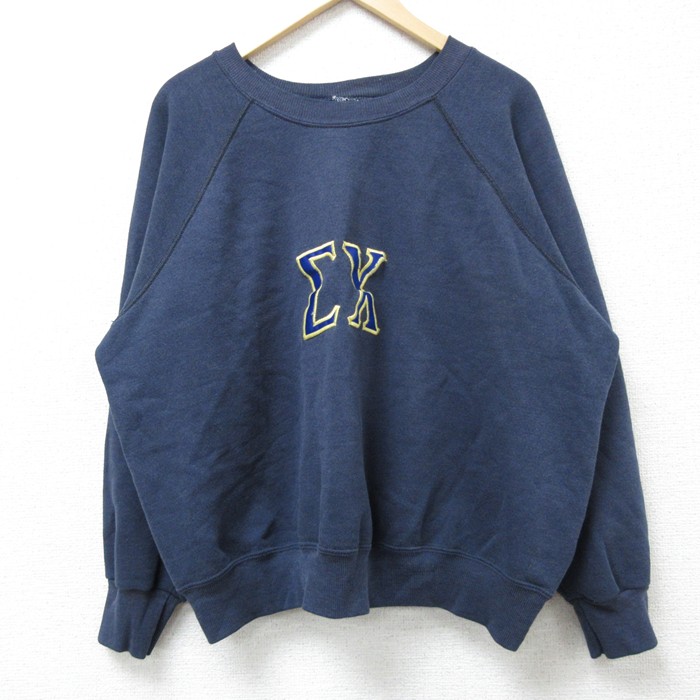 XL★古着 長袖 スウェット メンズ 90年代 90s ギリシャ文字 ラグラン クルーネック USA製 紺 ネイビー 25mar12 中古 スエット トレーナー トップス
