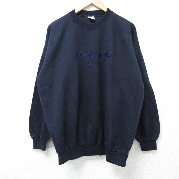 XL★古着 長袖 スウェット メンズ 90年代 90s ロンドン 刺繍 クルーネック イギリス製 紺 ネイビー 25mar12 中古 スエット トレーナー トップス