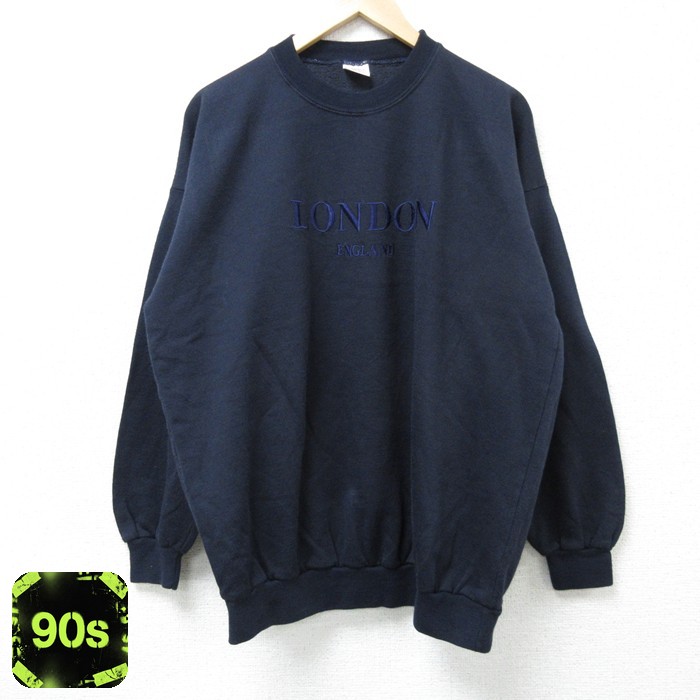 90s 長袖スウェット ロンドン刺繍 ネイビー XL | 古着
