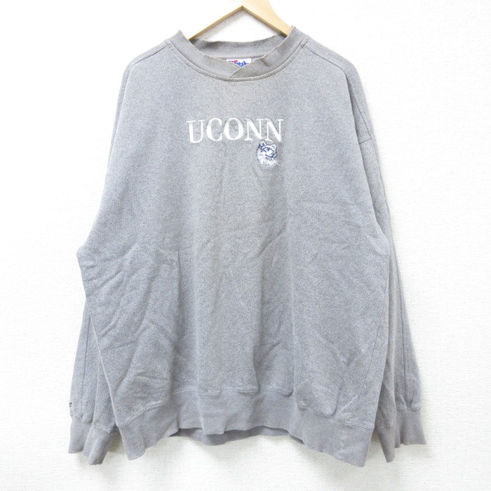 XL★古着 マジェスティック 長袖 スウェット メンズ 00年代 00s UCONN 刺繍 クルーネック グレー 霜降り 25mar12 中古 スエット トレーナー トップス