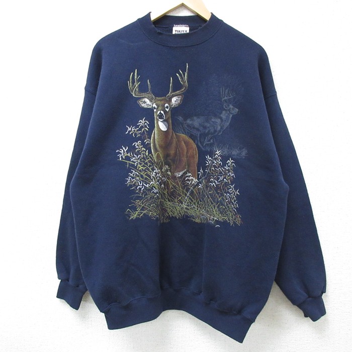 【50%OFF】L★古着 TULTEX 長袖 スウェット メンズ 90年代 90s シカ クルーネック 紺 ネイビー 25mar12 中古 スエット トレーナー トップス