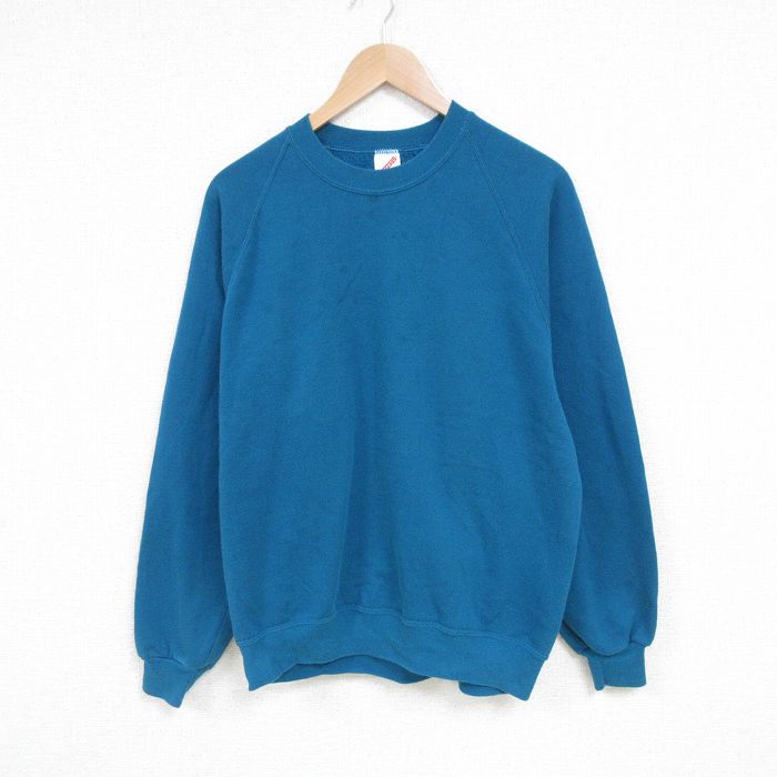 L★古着 ジャージーズ 長袖 スウェット メンズ 80年代 80s 無地 ラグラン クルーネック USA製 青緑 25mar14 中古 スエット トレーナー トップス