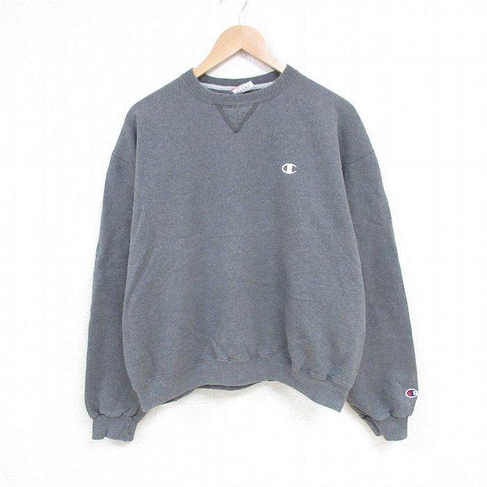 L★古着 チャンピオン Champion 長袖 スウェット メンズ 00年代 00s ワンポイントロゴ クルーネック 濃グレー 25mar14 中古 スエット トレーナー トップス