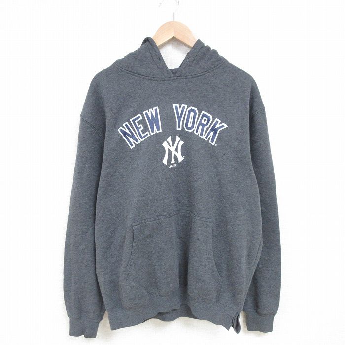 XL★古着 マジェスティック 長袖 スウェット パーカー メンズ MLB ニューヨークヤンキース 濃グレー 霜降り メジャーリーグ ベースボール 野球 25mar14 中古 スエット トレーナー トップス