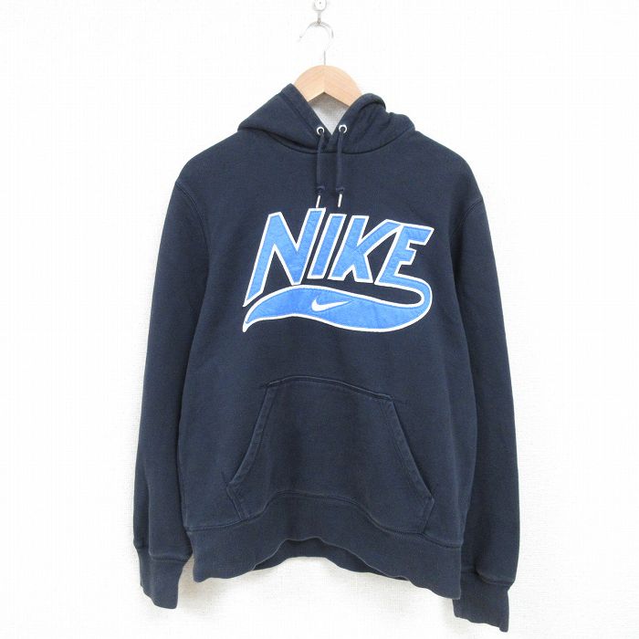 L★古着 ナイキ NIKE 長袖 スウェット パーカー メンズ ビッグロゴ 紺 ネイビー 25mar14 中古 スエット トレーナー トップス