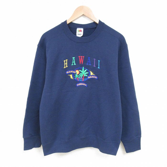 M★古着 フルーツオブザルーム 長袖 スウェット メンズ 00年代 00s ハワイ 刺繍 クルーネック 紺 ネイビー 25mar14 中古 スエット トレーナー トップス