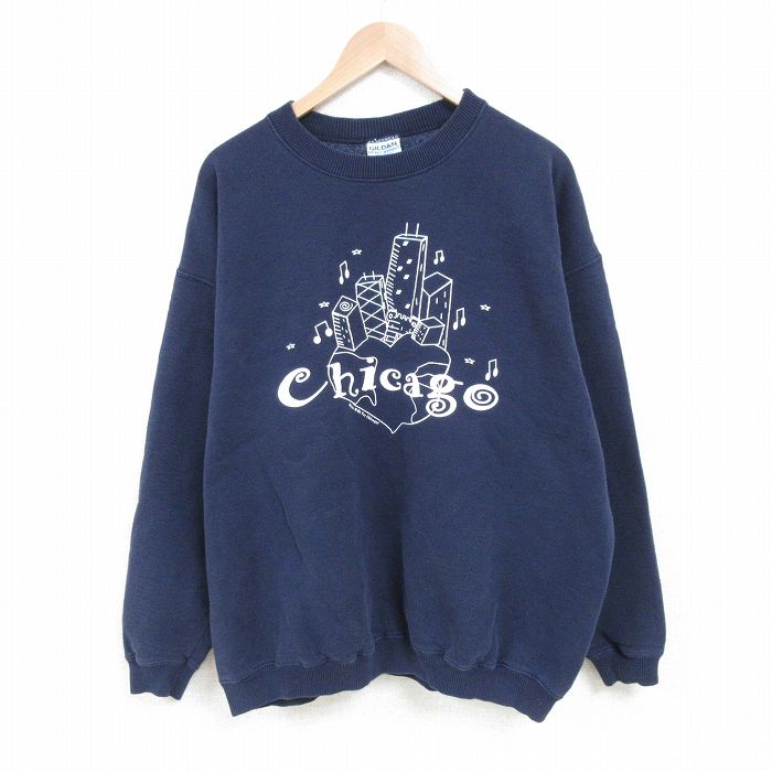 【20%OFF】XL★古着 長袖 スウェット メンズ 00年代 00s シカゴ 大きいサイズ クルーネック 紺 ネイビー 25mar14 中古 スエット トレーナー トップス