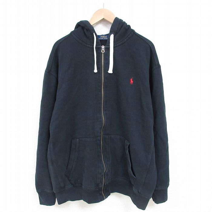 XL★古着 ラルフローレン Ralph Lauren 長袖 ブランド フルジップ スウェット パーカー メンズ 00年代 00s ワンポイントロゴ 大きいサイズ 黒 ブラック フード内側サーマル 25mar14 中古 スエット トレーナー トップス