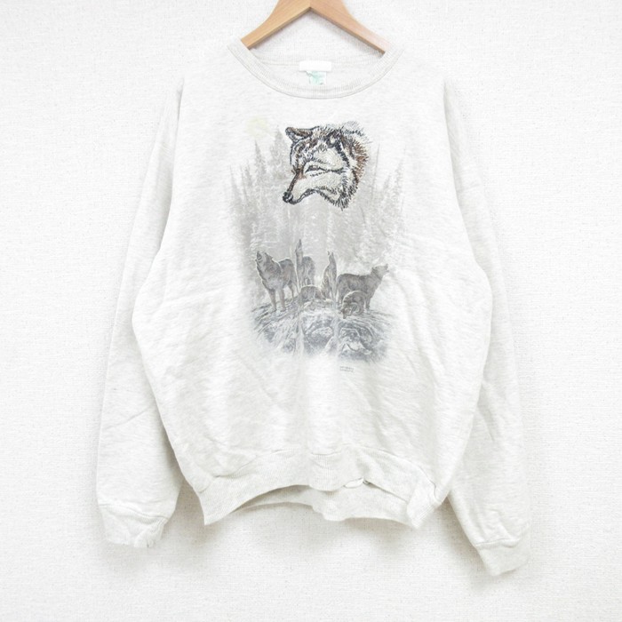 【20%OFF】XL★古着 長袖 スウェット メンズ 90年代 90s オオカミ クルーネック カナダ製 薄グレー 霜降り 【spe】 25mar15 中古 スエット トレーナー トップス