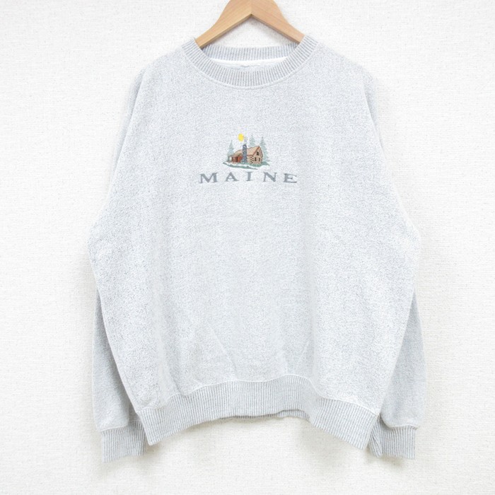 【50%OFF】XL★古着 長袖 スウェット メンズ MAIN 刺繍 クルーネック グレー 霜降り 25mar15 中古 スエット トレーナー トップス