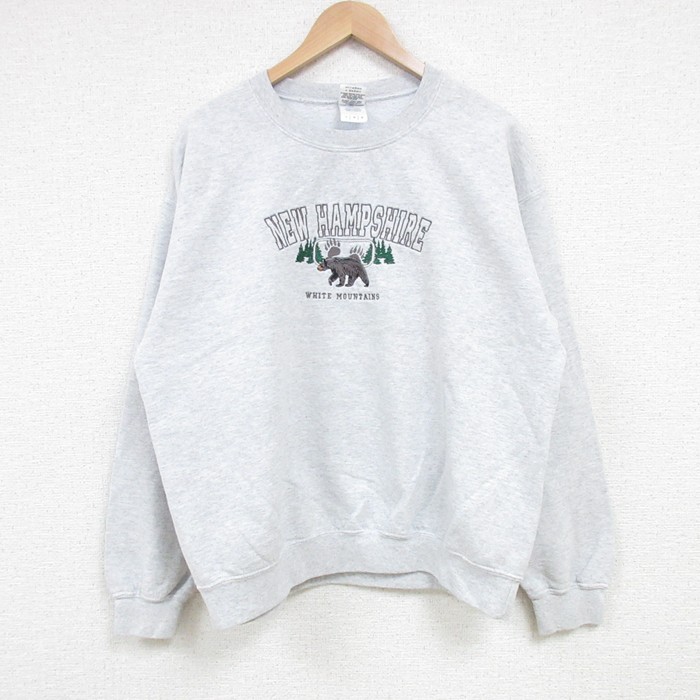 【50%OFF】L★古着 長袖 スウェット メンズ 00年代 00s クマ 刺繍 クルーネック グレー 霜降り 25mar15 中古 スエット トレーナー トップス