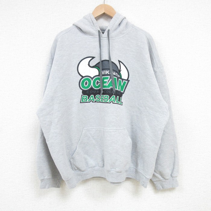 XL★古着 長袖 スウェット パーカー メンズ OCEAN COUNTY カレッジ 野球 大きいサイズ グレー 霜降り 25mar15 中古 スエット トレーナー トップス