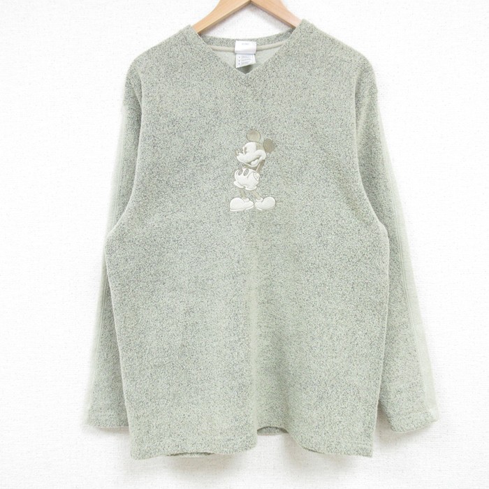 【50%OFF】M★古着 長袖 スウェット メンズ 00年代 00s ディズニー DISNEY ミッキー MICKEY MOUSE 刺繍 ポリエステル Vネック 緑 グリーン 25mar15 中古 スエット トレーナー トップス