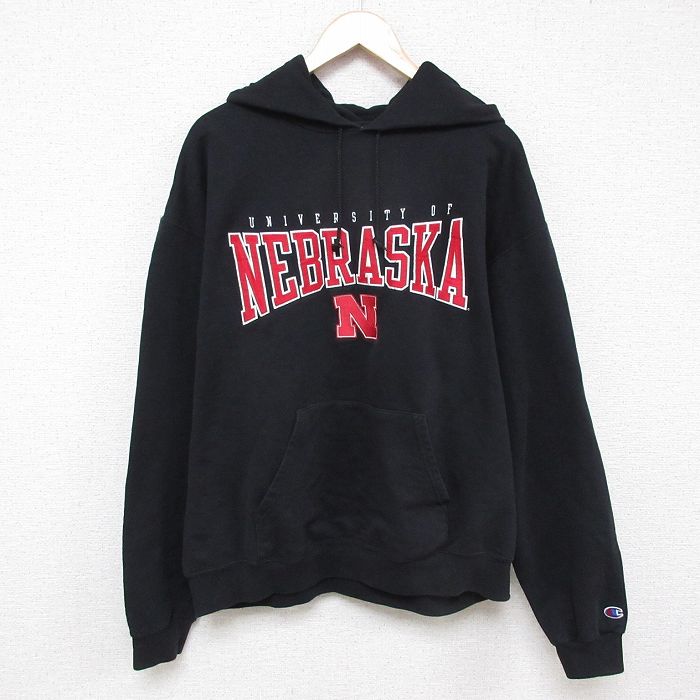 【20%OFF】XL★古着 チャンピオン Champion 長袖 スウェット パーカー メンズ ネブラスカ 大学 大きいサイズ 黒 ブラック 25mar21 中古 スエット トレーナー トップス