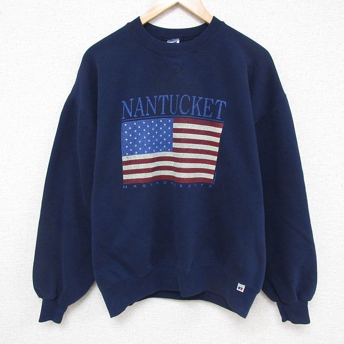 XL★古着 ラッセル 長袖 スウェット メンズ 90年代 90s 星条旗 クルーネック USA製 紺 ネイビー 【spe】 25mar21 中古 スエット トレーナー トップス