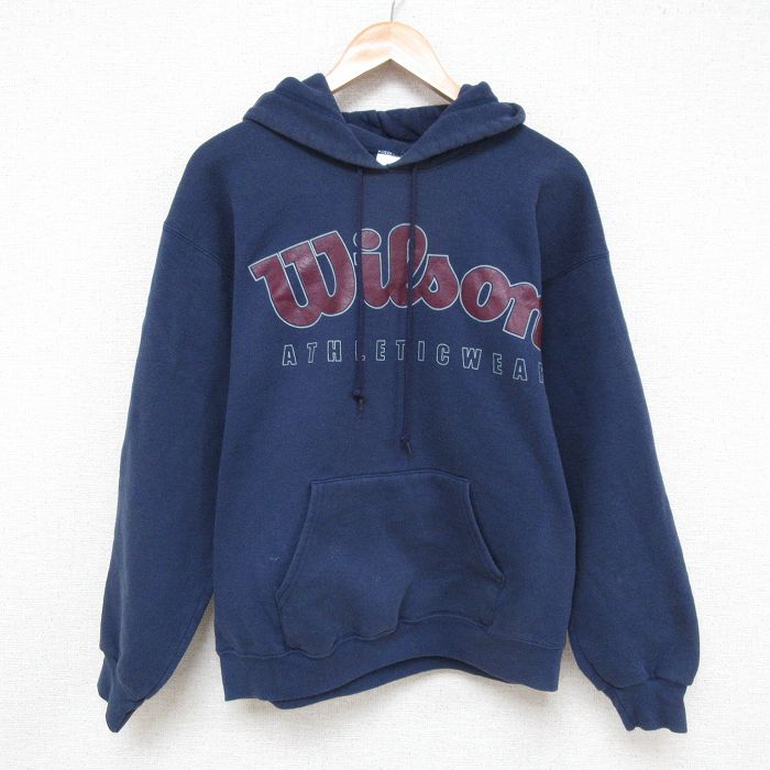【50%OFF】L★古着 ウィルソン 長袖 スウェット パーカー メンズ 00年代 00s ビッグロゴ 紺 ネイビー 25mar21 中古 スエット トレーナー トップス