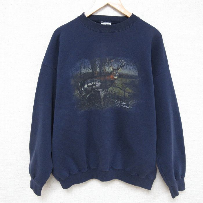 【20%OFF】XL★古着 TULTEX 長袖 スウェット メンズ 90年代 90s 鹿 大きいサイズ クルーネック 紺 ネイビー 25mar21 中古 スエット トレーナー トップス