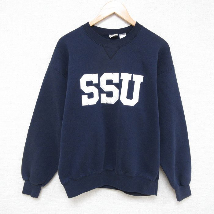 L★古着 長袖 スウェット メンズ 90年代 90s SSU 刺繍 クルーネック USA製 紺 ネイビー 25mar21 中古 スエット トレーナー トップス