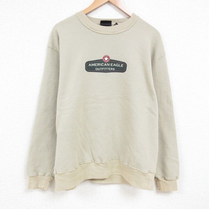 XL★古着 アメリカンイーグル American Eagle 長袖 スウェット メンズ ビッグロゴ クルーネック 薄ベージュ カーキ 25mar17 中古 スエット トレーナー トップス