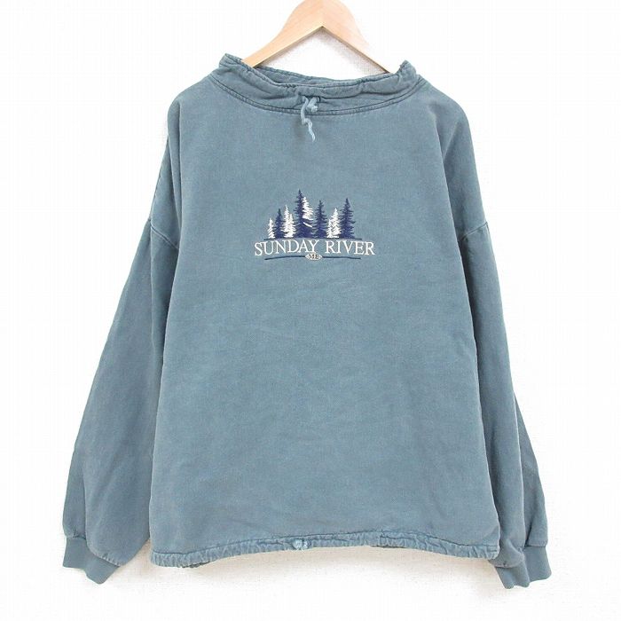 【50%OFF】XL★古着 長袖 スウェット メンズ 90年代 90s サンデーリバー 刺繍 大きいサイズ コットン モックネック ハイネック USA製 薄緑 グリーン 25mar17 中古 スエット トレーナー トップス