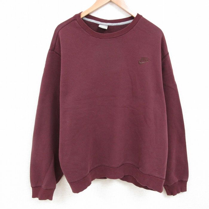 XL★古着 ナイキ NIKE 長袖 スウェット メンズ ワンポイントロゴ 大きいサイズ クルーネック エンジ 25mar17 中古 スエット トレーナー トップス