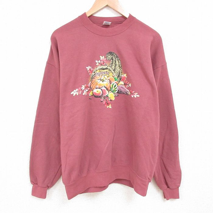 【50%OFF】XL★古着 長袖 スウェット メンズ 90年代 90s カボチャ リンゴ 大きいサイズ クルーネック USA製 エンジ 25mar17 中古 スエット トレーナー トップス