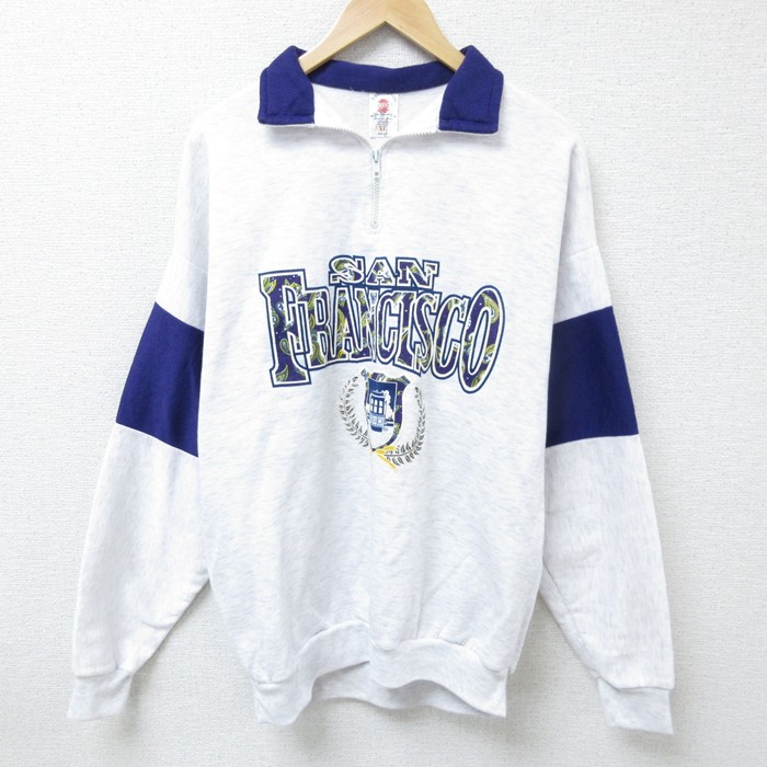 【50%OFF】L★古着 長袖 ハーフジップ スウェット メンズ 90年代 90s サンフランシスコ 襟付き USA製 薄グレー 霜降り 25mar17 中古 スエット トレーナー トップス