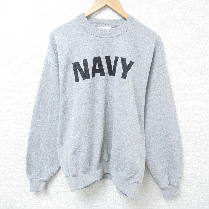 L★古着 長袖 スウェット メンズ 90年代 90s ミリタリー ネイビー NAVY クルーネック USA製 グレー 霜降り 25mar17 中古 スエット トレーナー トップス