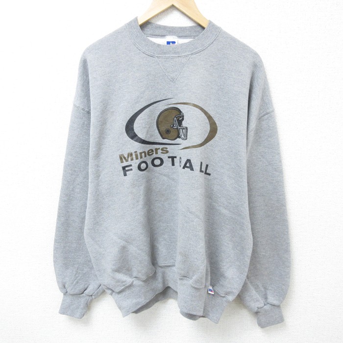 XL★古着 ラッセル 長袖 スウェット メンズ 00年代 00s フットボール クルーネック グレー 霜降り 25mar17 中古 スエット トレーナー トップス