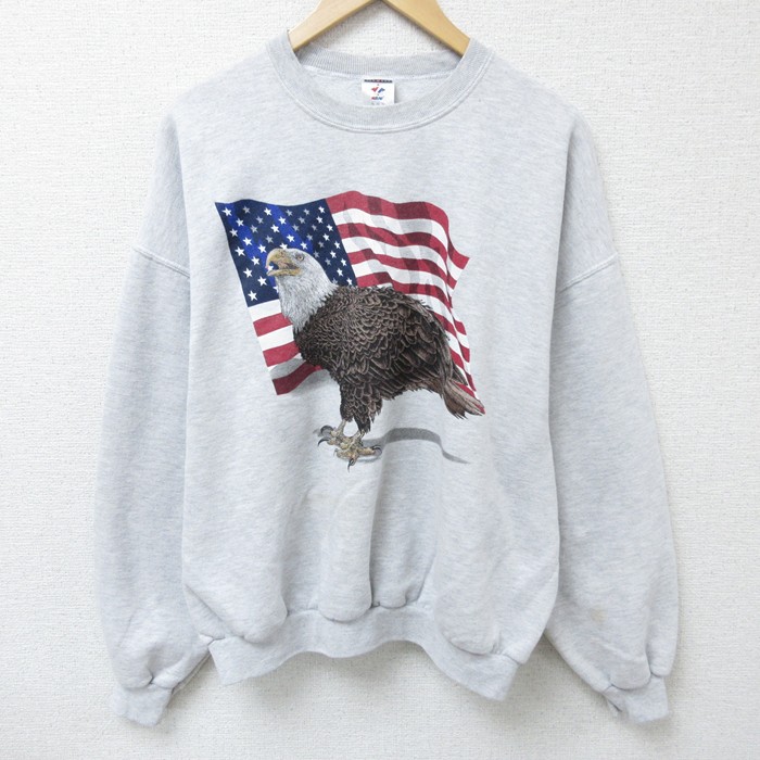 XL★古着 ジャージーズ 長袖 スウェット メンズ 00年代 00s 星条旗 鳥 大きいサイズ クルーネック 薄グレー 霜降り 25mar17 中古 スエット トレーナー トップス
