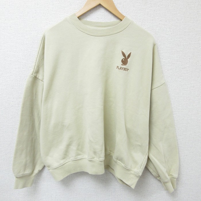 XL★古着 プレイボーイ PLAY BOY 長袖 スウェット メンズ ワンポイントロゴ 大きいサイズ クルーネック 薄黄 イエロー 25mar17 中古 スエット トレーナー トップス