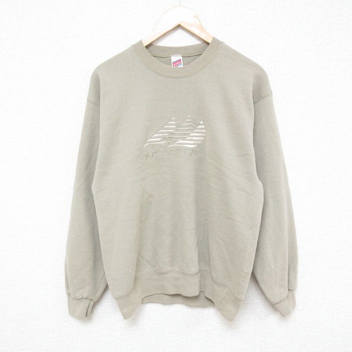 M★古着 長袖 スウェット メンズ 90年代 90s マートルビーチ 刺繍 クルーネック USA製 ベージュ カーキ 25mar18 中古 スエット トレーナー トップス