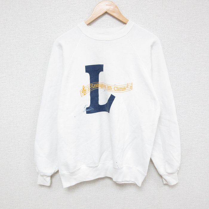 【50%OFF】M★古着 ヘインズ Hanes 長袖 スウェット メンズ 90年代 90s 音符 ラグラン クルーネック 白 ホワイト 25mar18 中古 スエット トレーナー トップス