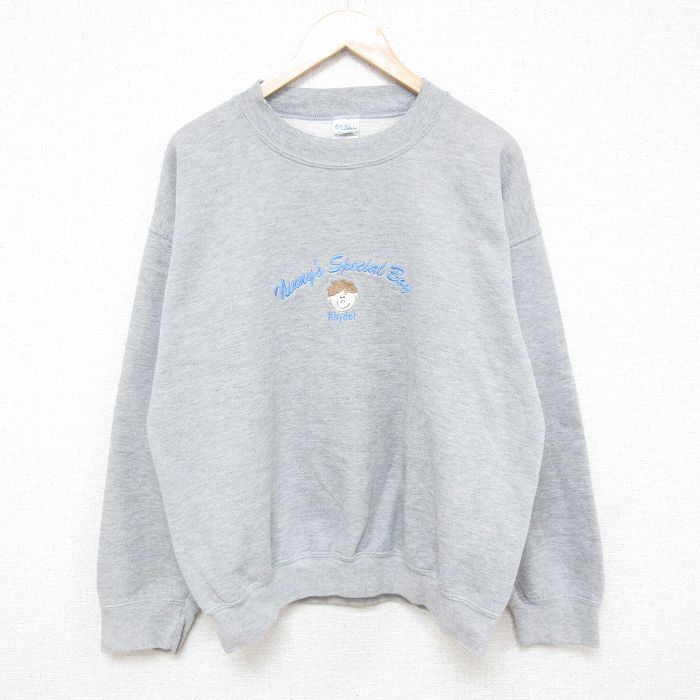 XL★古着 長袖 スウェット メンズ 00年代 00s 子供 刺繍 クルーネック グレー 霜降り 25mar18 中古 スエット トレーナー トップス