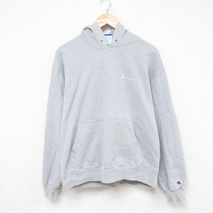 XL★古着 チャンピオン Champion 長袖 スウェット パーカー メンズ 90年代 90s ワンポイントロゴ USA製 グレー 霜降り 【spe】 25mar18 中古 スエット トレーナー トップス