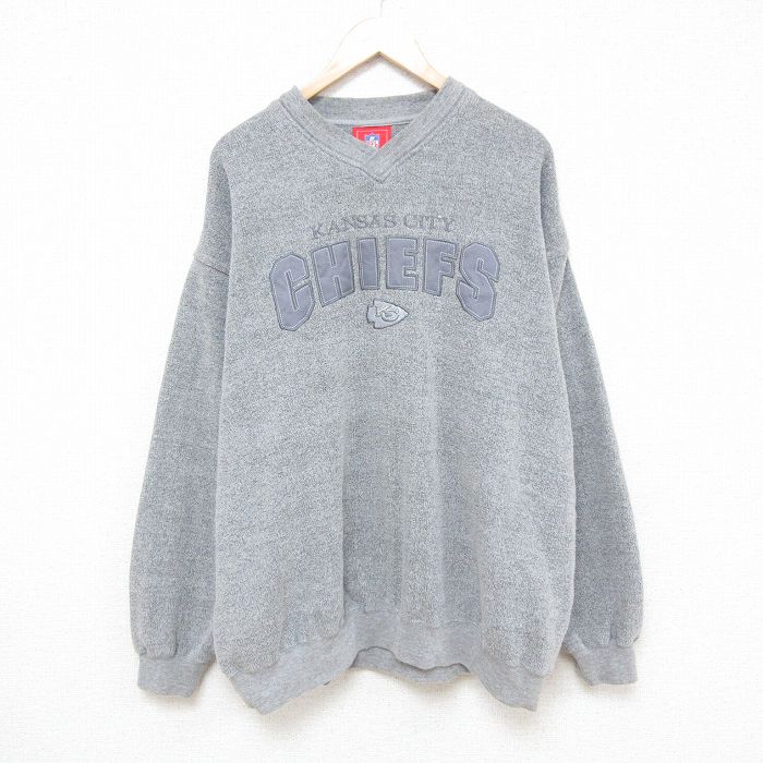 XL★古着 長袖 スウェット メンズ 00年代 00s NFL カンザスシティチーフス 刺繍 大きいサイズ Vネック グレー 霜降り アメフト スーパーボウル 25mar18 中古 スエット トレーナー トップス