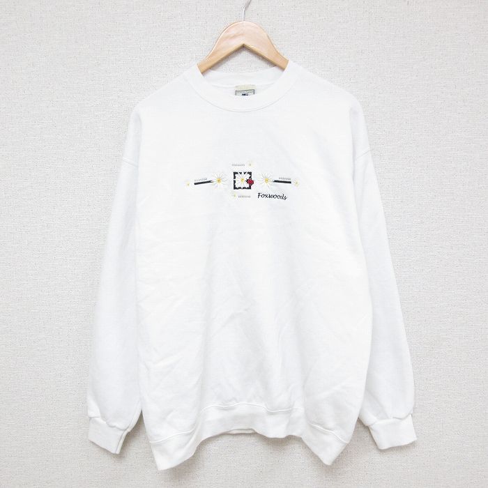 L★古着 リー Lee 長袖 スウェット メンズ 00年代 00s 花 刺繍 クルーネック 白 ホワイト 25mar18 中古 スエット トレーナー トップス