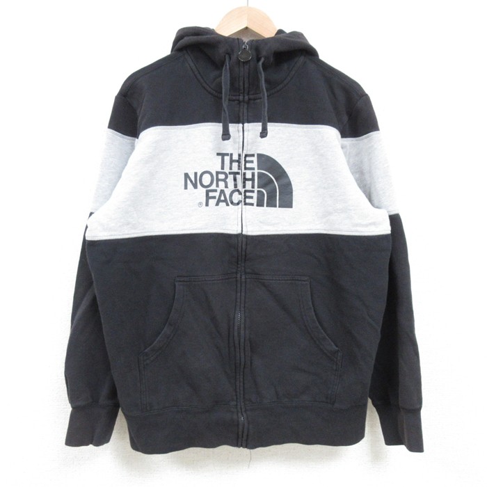 M★古着 ノースフェイス THE NORTH FACE 長袖 フルジップ スウェット パーカー メンズ 00年代 00s ビッグロゴ ツートンカラー 黒他 ブラック 霜降り 25mar18 中古 スエット トレーナー トップス