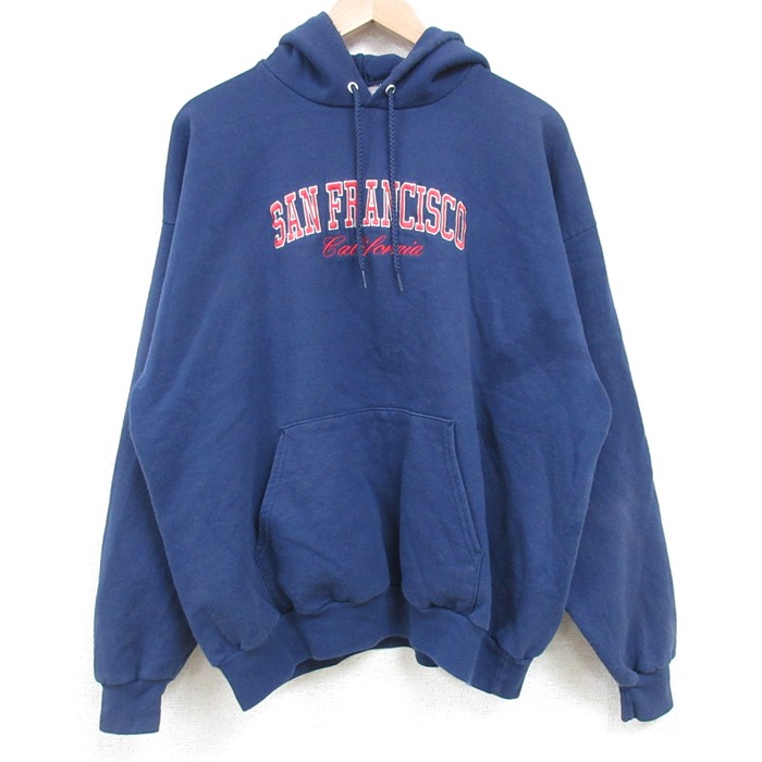 【50%OFF】XL★古着 ヘインズ Hanes 長袖 スウェット パーカー メンズ 00年代 00s サンフランシスコ 刺繍 紺 ネイビー 25mar18 中古 スエット トレーナー トップス