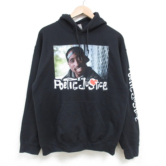 M★古着 長袖 スウェット パーカー メンズ ポエティックジャスティス トゥパック 2パック 2PAC 黒 ブラック 25mar18 中古 スエット トレーナー トップス