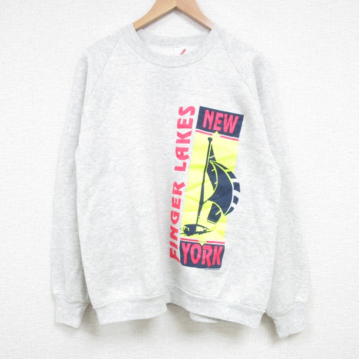 【20%OFF】L★古着 ジャージーズ 長袖 スウェット メンズ 90年代 90s FINGER LAKES ラグラン クルーネック USA製 薄グレー 霜降り 25mar19 中古 スエット トレーナー トップス