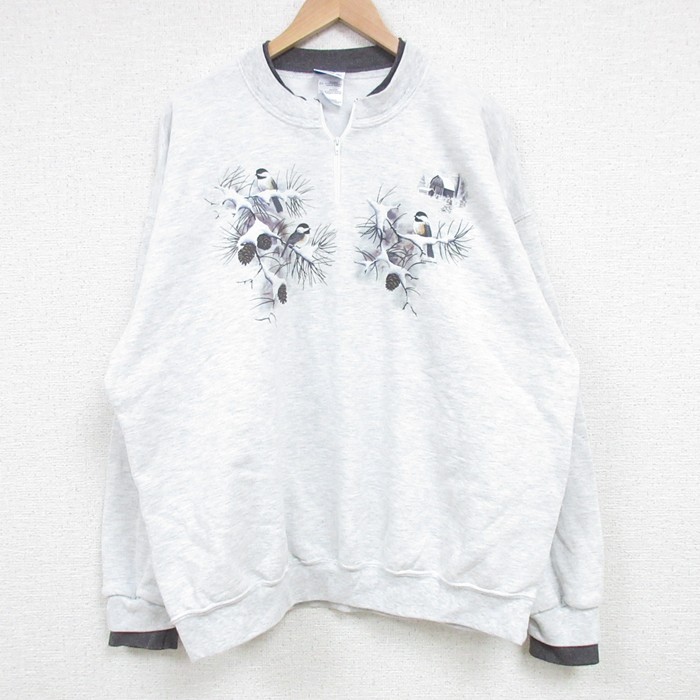 スウェット ハーフジップ 鳥 グレー XL | 古着