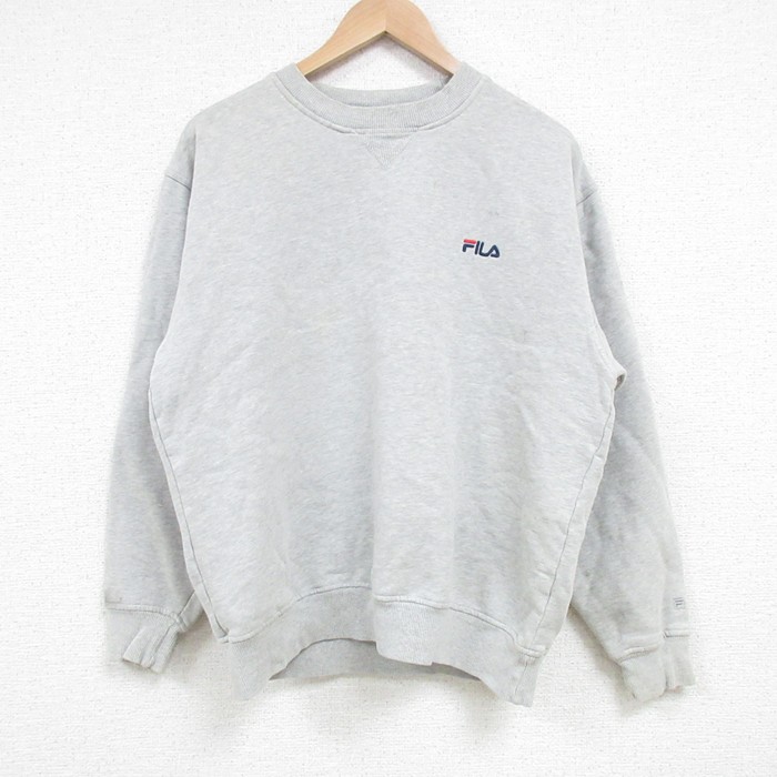 L★古着 フィラ FILA 長袖 スウェット メンズ 00年代 00s ワンポイントロゴ クルーネック グレー 霜降り 25mar19 中古 スエット トレーナー トップス