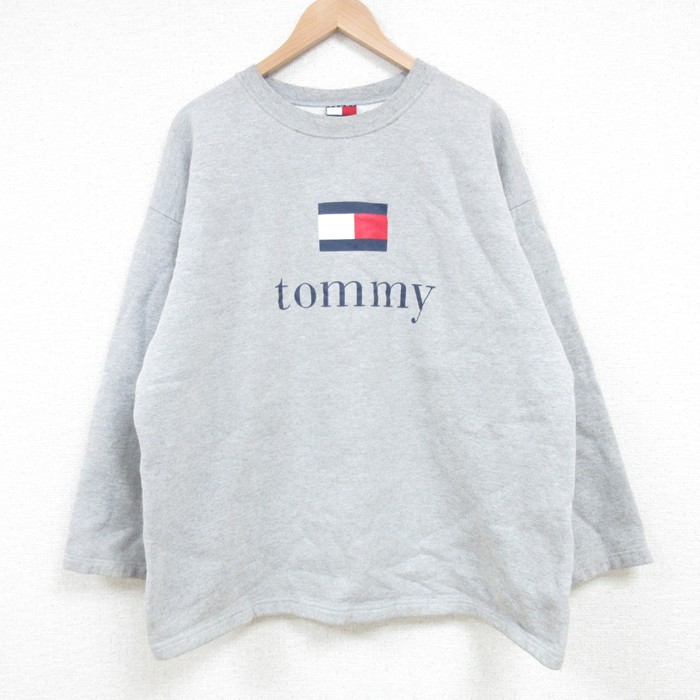 XL★古着 トミーヒルフィガー TOMMY HILFIGER 長袖 ブランド スウェット メンズ 90年代 90s ビッグロゴ クルーネック グレー 霜降り 25mar19 中古 スエット トレーナー トップス
