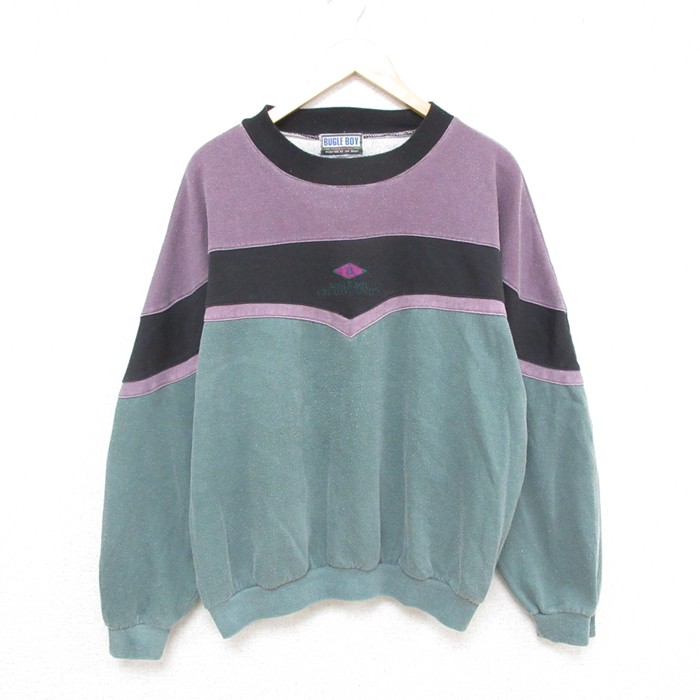 XL★古着 ビューグルボーイ 長袖 スウェット メンズ 90年代 90s ワンポイントロゴ マルチカラー ラグラン クルーネック 緑他 グリーン 25mar21 中古 スエット トレーナー トップス