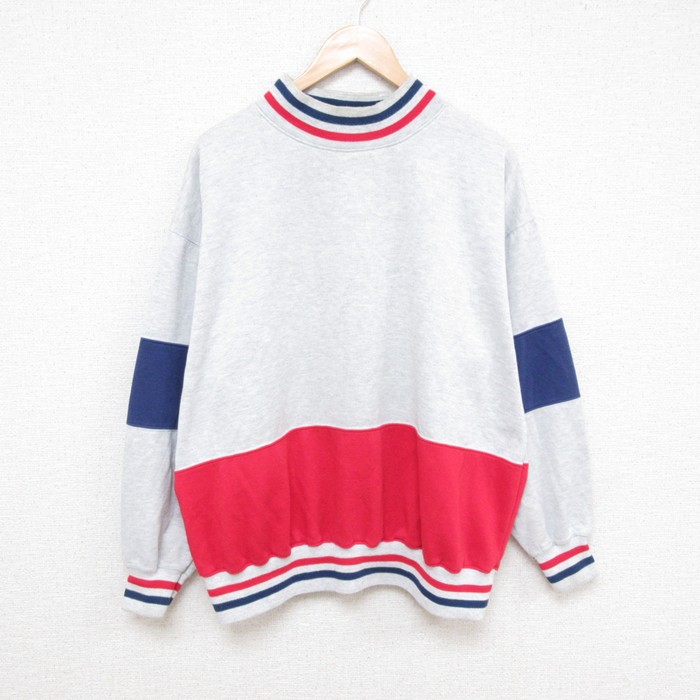 XL★古着 長袖 スウェット メンズ 00年代 00s マルチカラー 大きいサイズ モックネック ハイネック グレー他 霜降り 25mar21 中古 スエット トレーナー トップス
