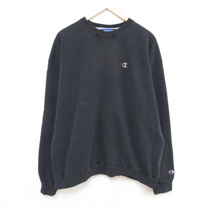 【20%OFF】XL★古着 チャンピオン Champion 長袖 スウェット メンズ 00年代 00s ワンポイントロゴ 大きいサイズ クルーネック 黒 ブラック 25mar21 中古 スエット トレーナー トップス