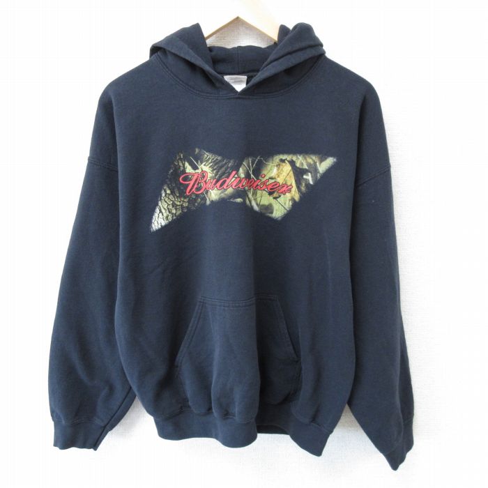 L★古着 長袖 スウェット パーカー メンズ 00年代 00s バドワイザー 黒 ブラック 25mar19 中古 スエット トレーナー トップス