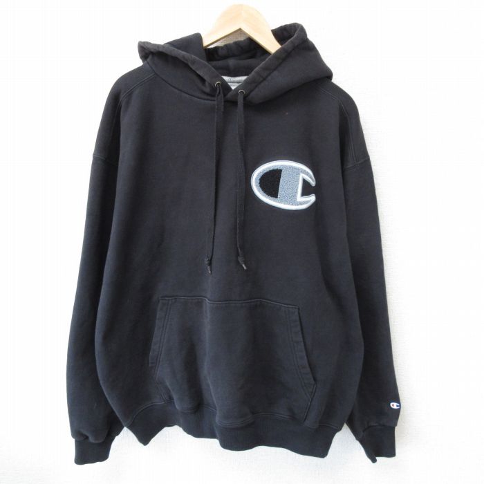 【20%OFF】XL★古着 チャンピオン Champion 長袖 スウェット パーカー メンズ ワンポイントロゴ 大きいサイズ 黒 ブラック 25mar19 中古 スエット トレーナー トップス